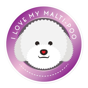Maltipoo hond vinyl sticker. Ik hou van mijn Maltipoo! Maten: 3x3, 4x4, 5x5. Eenvoudig aan te brengen binnensticker, bubbelvrij. Bestel de jouwe vandaag nog!