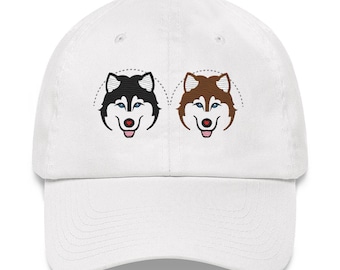 Embroidered Siberian Husky Dad Hat: Two Huskies, Blue Eyes