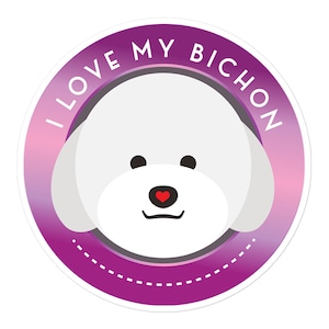 Bichon Frise hond vinyl sticker. Ik hou van mijn Bichon! Maten: 3x3, 4x4 of 5x5. Eenvoudig aan te brengen binnensticker, bubbelvrij. Bestel de jouwe vandaag nog!