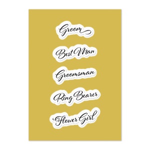Adesivi da sposa Sposo, Miglior uomo, Sposo, Portatore di anelli, Foglio di ragazza di fiori. 5,83" x 8,37." Kiss Cut Wedding Planner adesivi bordo bianco.