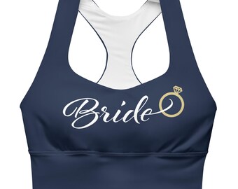Bride Navy Longline Sports Bra: White Lettering, Engagement Ring