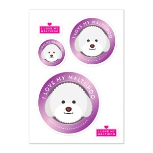 Ik hou van mijn Maltipoo hond vinyl sticker vel. Paars, wit, zwart, grijs. Eenvoudig aan te brengen stickers, luchtbelvrij. Bladformaat 5,35 x 8,27 inch.