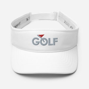 May include: White golf visor with a grey embroidered logo that says "GOLF" with a red triangle above the "O".