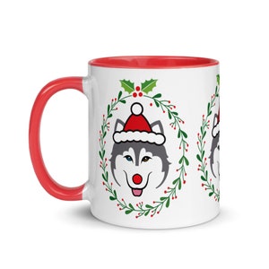 Husky Christmas Santa Mug, Gray/Blue and Brown Eyes. Red or black, ceramic mug. Holiday Gift for dog moms, dog dads, husky lovers.