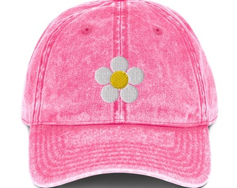 Embroidered Daisy Flower Hat: Pink Vintage Cotton Twill Cap