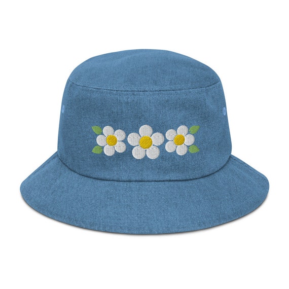 Embroidered Daisy Denim Womens Bucket Hat. Summer Sun, Shade. Gift