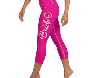 Bride Bright Pink Capri Leggings: Gold Heart, Bachelorette Party Outfit
