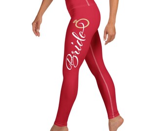 Bride/Vibrant Red Yoga Leggings, white lettering/gold engagement ring/polyester spandex/breathable fabric/bridal shower/matching sports bra