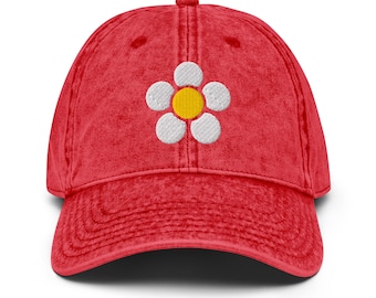 Embroidered Daisy Denim Hat: Vintage Cotton Twill Cap