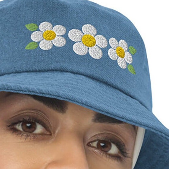 Embroidered Daisy Denim Womens Bucket Hat. Summer Sun, Shade. Gift