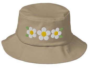 Embroidered Daisy Bucket Hat: 80s 90s Vintage Style