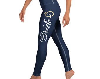 Bride Navy Blue Yoga Leggings, white lettering/gold engagement ring/polyester/breathable fabric/bridal shower/matching sports bra