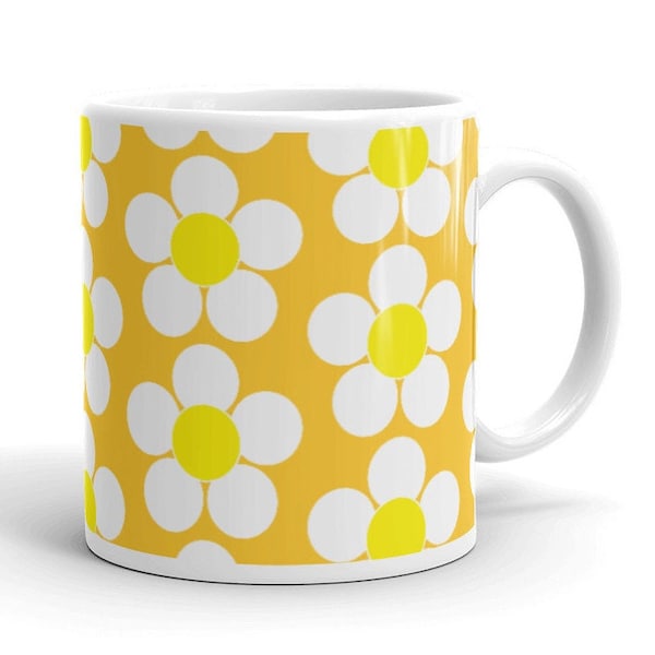Daisy Coffee Mug white daisies and yellow center. White ceramic glossy mug, 11 ounces.