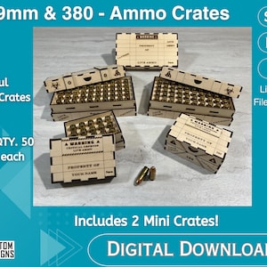 弾薬箱 SVG ファイル 2 個セット、9 mm 弾丸ホルダー ボックス、380 弾薬レーザーカット デジタル ファイル Glowforge、弾薬オーガナイザー Lightburn ファイル