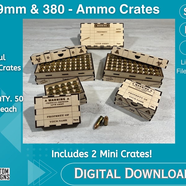 Set of 2 Ammo Crate Box SVG Files, 9mm Bullet Holder Box, 380 Ammo Laser Cut Digital File Glowforge, Ammo Organizer Lightburn File