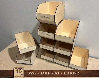 Stackable Storage Bin SVG | Laser Cut Desk Organizer Box with Label Nameplate | 3mm Laser File (4x6) | DXF LBRN2