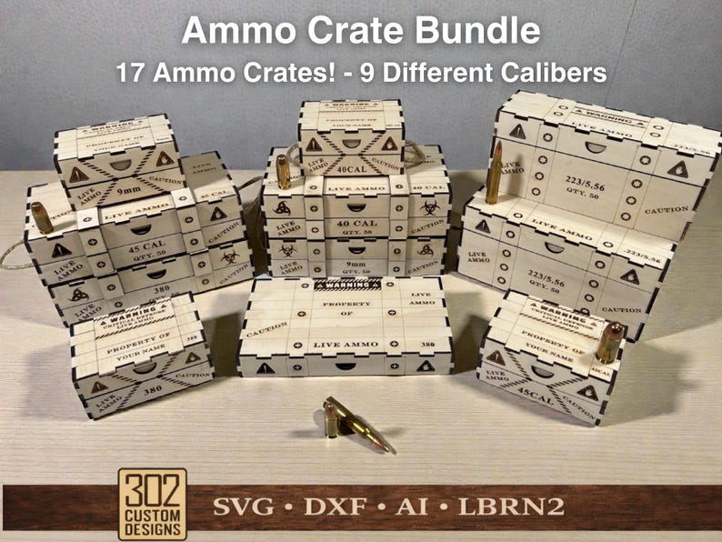 Ammo Crate Bundle- 17 Ammo Crates - 40 - 45CAL - 9 mm 380 - 22LR 223 5,56 308 5,7x28 Kugelhalter Box, Aufbewahrungsbox - SVG - Digitale Datei Bild 1