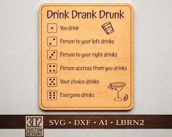 Dryck drack berusad SVG | Dricksspel laserskuren fil | Partyspel skyltdesign | SVG DXF Ai LBRN2 | Digital nedladdning