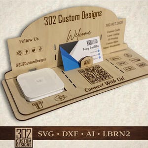 Payment Display Stand SVG | QR Code + Square Reader Holder + Business Card Slot | Laser Cut File for Craft Shows | Glowforge xTool