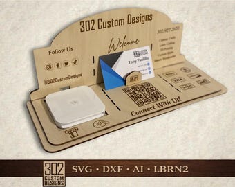 Betalingsdisplaystandaard SVG | QR-code + vierkante lezerhouder + sleuf voor visitekaartjes | Lasergesneden bestand voor ambachtelijke shows | Glowforge xTool