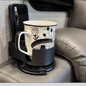 Coffee Mug Cup Holder with Phone & Pen/chapstick Slot - Coaster Inserts for Couch, Sofa, Loveseat. No more awkward tipping coffee cups.