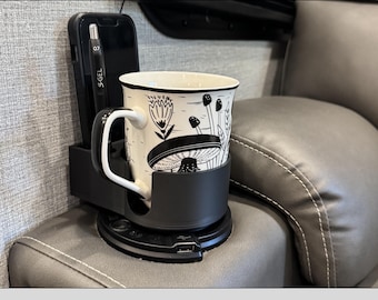 Coffee Mug Cup Holder with Phone & Pen/chapstick Slot - Coaster Inserts for Couch, Sofa, Loveseat. No more awkward tipping coffee cups.