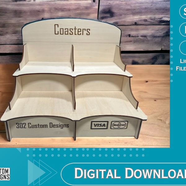 4 Pocket Retail Coaster Counter Display Stand - Laser CUT - SVG - Glowforge Ready - Digital File - Includes LightBurn File