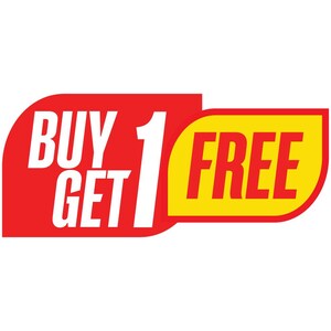May include: A red and yellow graphic with the text "BUY 1 GET 1 FREE" in white, bold letters. The words "BUY" and "GET" are in a red rounded rectangle, and the number "1" is in white. The word "FREE" is in a yellow rounded rectangle.