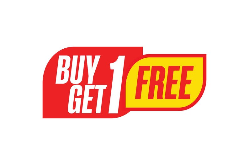 May include: A red and yellow graphic with the text "BUY 1 GET 1 FREE" in white, bold letters. The words "BUY" and "GET" are in a red rounded rectangle, and the number "1" is in white. The word "FREE" is in a yellow rounded rectangle.