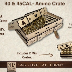 弾薬箱SVGファイル2個セット、40口径弾丸ホルダーボックス、45口径弾薬レーザーカットデジタルファイル、弾薬オーガナイザーGlowforge - Lightburnファイル