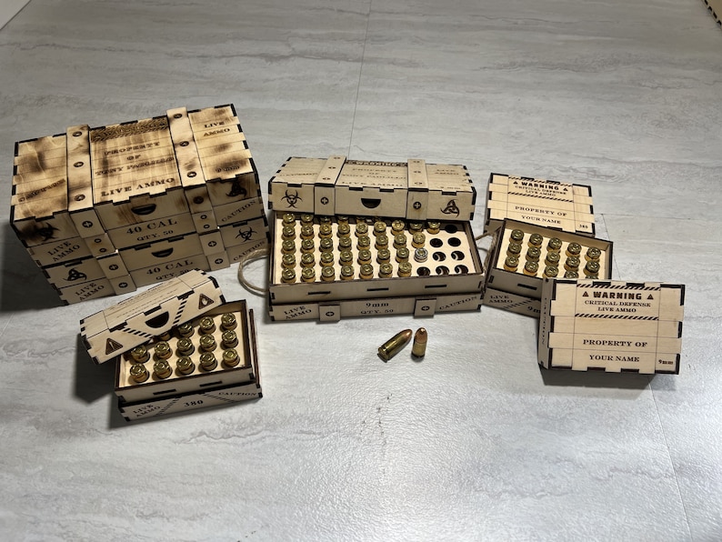 Set of 2 Ammo Crate Box SVG Files, 9mm Bullet Holder Box, 380 Ammo Laser Cut Digital File Glowforge, Ammo Organizer Lightburn File image 2