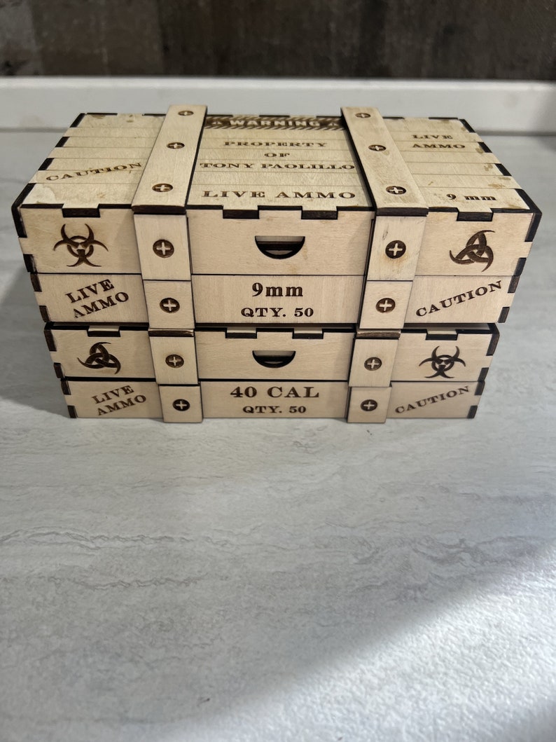 Set of 2 Ammo Crate Box SVG Files, 9mm Bullet Holder Box, 380 Ammo Laser Cut Digital File Glowforge, Ammo Organizer Lightburn File image 7