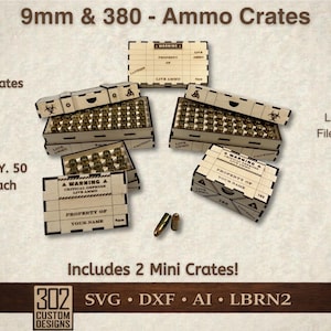 Juego de 2 cajas de munición SVG, caja portabalas de 9 mm, archivo digital cortado con láser para munición 380 Glowforge, organizador de munición Lightburn