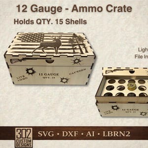 Caja de munición - Cartuchos de escopeta calibre 12 - Portabalas - Corte láser - SVG - Compatible con Glowforge - Archivo digital - Incluye archivo LightBurn
