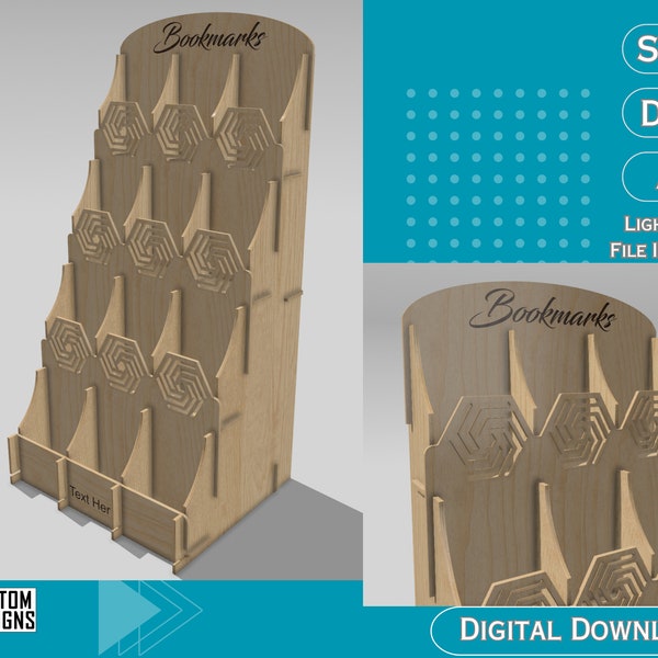 Bookmark Display Stand - 12 Pockets, Bookmarks, Stickers or anything up to 2.4 Inches wide - Laser CUT, Digital File,Includes LightBurn File