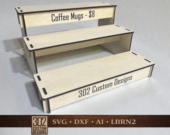 3 Layer Retail Counter Display Stand SVG | Laser Cut Shelf with Nameplates | Market & Shop Display Digital File