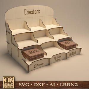 9 Pocket Retail Coaster Counter Display Stand, 4x4 inch Pockets - Laser CUT, SVG, Glowforge Ready - Digital File - Includes LightBurn File