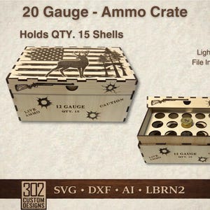Caja de munición - Cartuchos de escopeta calibre 20 - Portabalas - Corte láser - SVG - Compatible con Glowforge - Archivo digital - Incluye archivo LightBurn