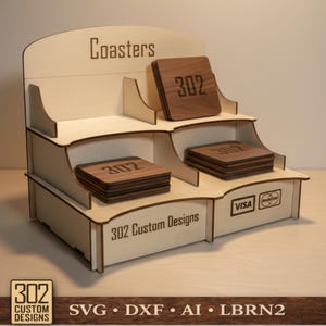 Retail-onderzetter displaystandaard met 4 vakken - Laser CUT - SVG - klaar voor Glowforge - digitaal bestand - inclusief LightBurn-bestand