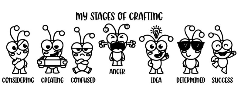 Pu&ograve; includere: Un'illustrazione in bianco e nero di una serie di insetti dei cartoni animati che rappresentano le fasi della creazione. Le fasi sono: considerare, creare, confuso, rabbia, idea, determinato e successo.