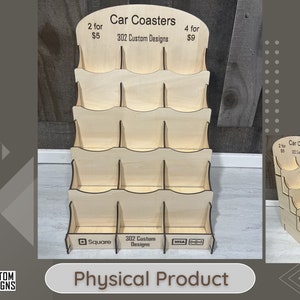 15 Pocket Retail Counter Display Stand - Car Coasters or anything 3 to 4.5 Inchs wide - Customized Topper and Base Plate.