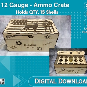 Ammo Crate Box - 12 Gauge Shotgun Shells - Bullet Holder Box - Laser CUT - SVG - Glowforge Ready - Digital File - Includes LightBurn File