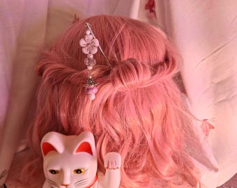 Japanse kanzashi-haarspeld - handgemaakte haarspeld met kralen - parels en sakura-keramische kraal, versie roze lantaarn