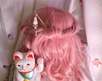 Japanse kanzashi-haarspeld - handgemaakte haarspeld met kralen - Pearls & Usagi konijn keramiekkraal, roze versie