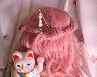 Japanse kanzashi-haarspeld - handgemaakte haarspeld met kralen - Pearls & Usagi Rabbit Ceramic Bead