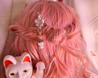 Japanse kanzashi-haarspeld - handgemaakte haarspeld met kralen - parels en sakura-keramische kraal, babyroze lantaarnversie