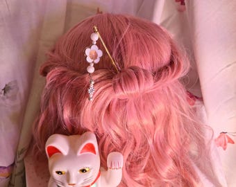 Japanse kanzashi-haarspeld - handgemaakte haarspeld met kralen - parels en Sakura-keramische kraal, goud-witte versie