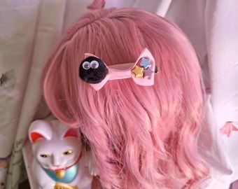 Haarspeld Kawaii pom pomstrik - Roet vriend en Konpeito-strik - handgeschilderde sterkralen