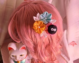 Japanse Kanzashi-haarbloem - Handgemaakte haarclip met lint - Blauw, geel, roze - Soot Friend & Konpeito Flowers