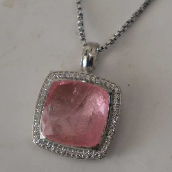 925 Sterling Silver  Natural Huge 20x20mm Simulated Pink Tourmaline and simulated Pave Diamond Albion Pendant with 1.5mm Box Chain option